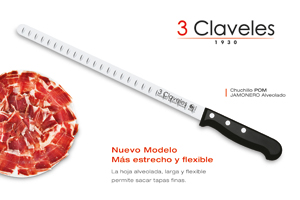 El nuevo modelo de cuchillo jamonero alveolado de <b>3 Claveles</b>, de hoja más estrecha y flexible, permite sacar tapas finas para degustar mejor el jamón, además de aumentar el rendimiento.