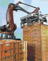 <b>Kuka Robots Ibérica</b> presentará <i>diversas soluciones de manipulado, paletizado y final de línea como Mixed Palletizing</i>, un robot que realiza la preparación automática de paletizado mixto, por ejemplo, para organizar la mercancía que llega a los estantes de los supermercados.