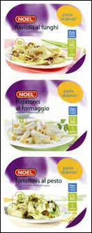La <i>gama al dente</i> <b>Noel</b> la componen 3 recetas: <i>Ravioli al funghi</i>, <i>Tortellini al pesto</i> y <i>Rigatoni al formaggio</i>. Aportan abrefácil.