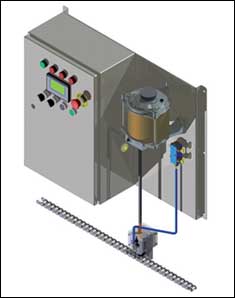 El sistema electroestático de lubricación modelo <i>Accucoat® 52200</i> de <b>Spraying Systems</b> mejora la lubricación de cadenas reduciendo de forma significativa el consumo de aceite y las paradas de cadena.